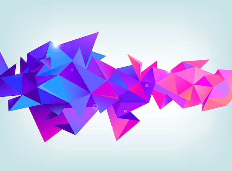 Vector vector facetas forma colorida de cristal 3d, banner. cristal, orientación horizontal colores morado y rosa. úselo como fondo, encabezado web, anuncio, etc.
