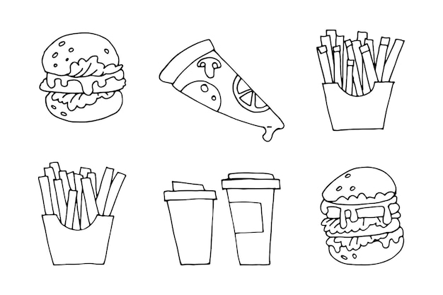 Vector Fast Food set doodle ilustraciones iconos entrega de alimentos línea negra minimalista simple para diseño gráfico de sitios web