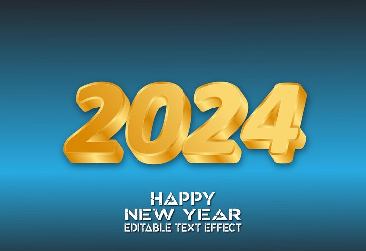 Vector vector feliz año nuevo 2024 diseño de efectos de texto 3d