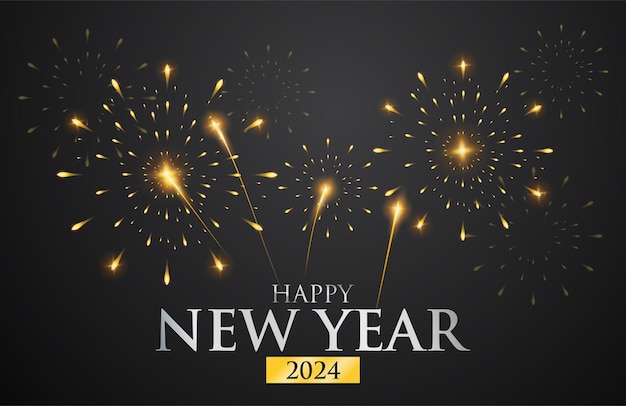 Vector feliz año nuevo 2024 con fuegos artificiales y diseño de texto plateado