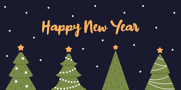 Vector feliz año nuevo banner plantilla con árboles de Navidad y nieve banner de Navidad cartel tarjeta de felicitación de diseño de volante