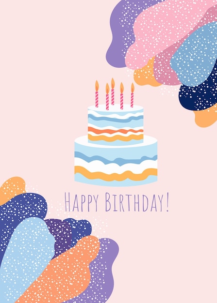 Vector vector feliz cumpleaños tarjeta de felicitación de moda con pastel y diseño tipográfico