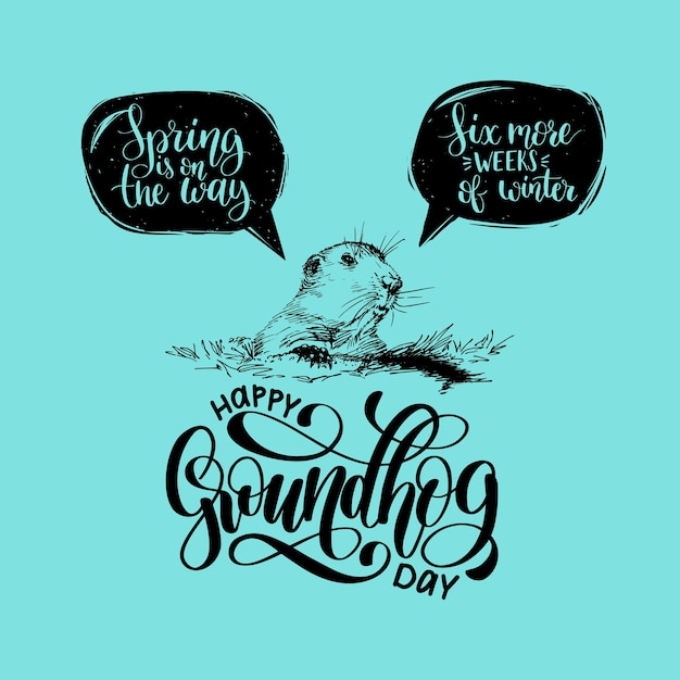 Vector feliz día de la marmota bosquejó la ilustración con letras a mano. Tarjeta de felicitación del 2 de febrero, póster, etc.