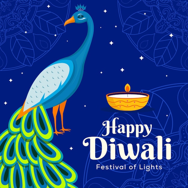 vector feliz diwali festival de ilustración de luz con pavo real