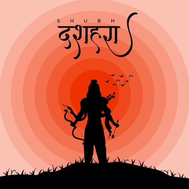 Vector feliz dussehra y vijyadashmi con la publicación de lord rama en las redes sociales en caligrafía hindi