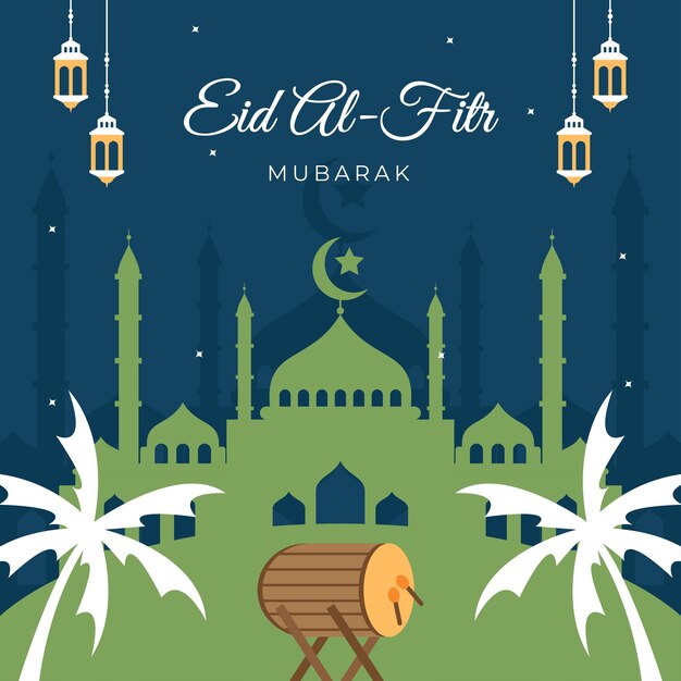 Vector vector de feliz eid con mezquita y árbol