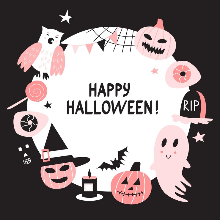 Vector feliz Halloween fondo de marco redondo con personajes lindos.