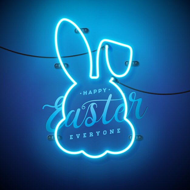Vector feliz ilustración de Pascua con luz de neón brillante y letra de tipografía sobre fondo azul