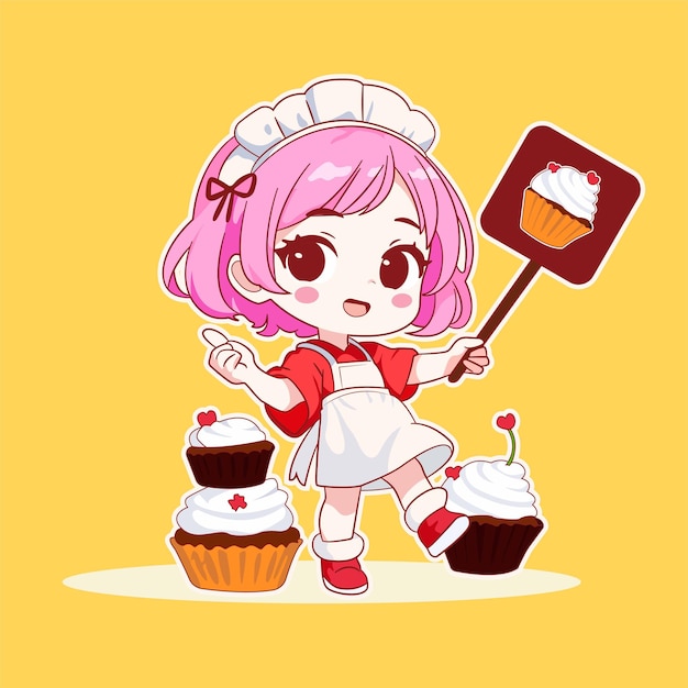 vector feliz linda chica uniforme temática panadería comida logo dibujos animados dibujados a mano anime chibi ilustración