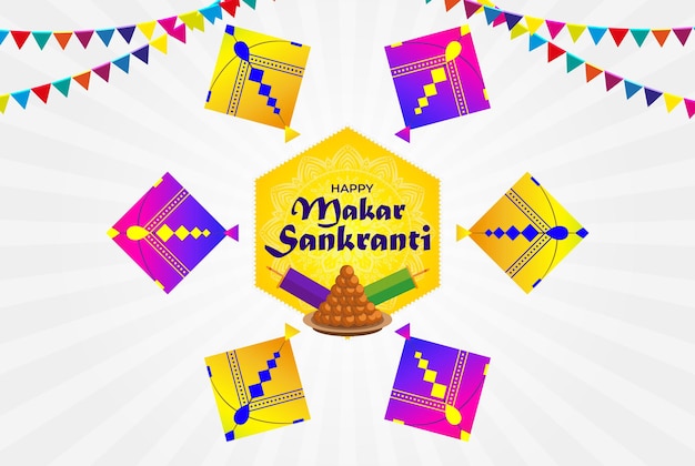 Vector feliz makar sankranti tarjeta de felicitación fondo de vacaciones con cometas, carrete laddoo de cuerda