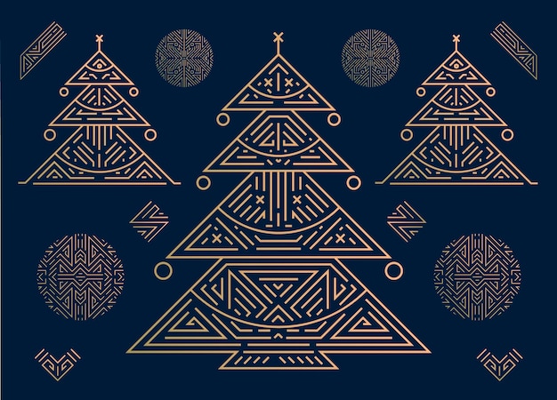 Vector Feliz Navidad y Feliz Año Nuevo dorado tarjeta de felicitación banner cartel fondo Art deco geométrico tarjeta de Navidad sobre fondo azul marino Árbol de Navidad brillante lineal