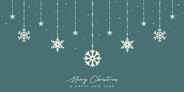 Vector Feliz Navidad y Feliz Año Nuevo temporada de invierno con copos de nieve y diseño de estrellas