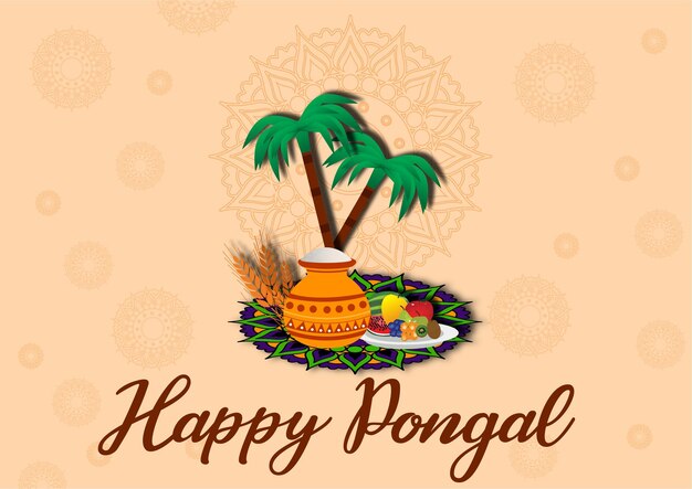 Vector Feliz Pongal por el significado del árbol de coco y el plato de frutas con jaggery arroz hervido en olla