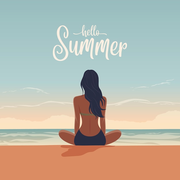 Vector Flat Mujer turista joven sentada en la playa disfrutando del complejo relajándose en la orilla del mar