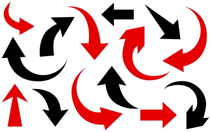 Vector el vector de flecha establece la dirección del signo, el símbolo de navegación, la orientación curva, la rotación, las flechas rojas, la colección.