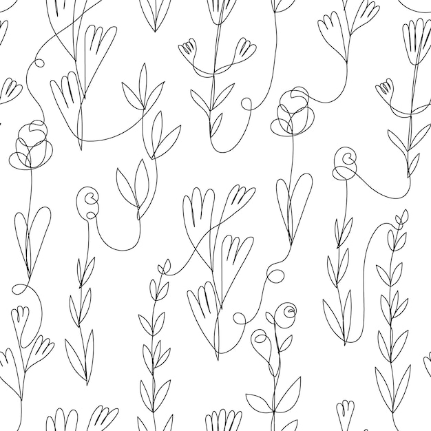 Vector flor rosa lineal sin costuras plantas de fondo con patrón de ornamento de hojas con línea de contorno única negra sobre fondo blanco en estilo dibujado a mano Monoline línea continua