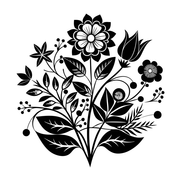 Vector floral y botánico en blanco y negro