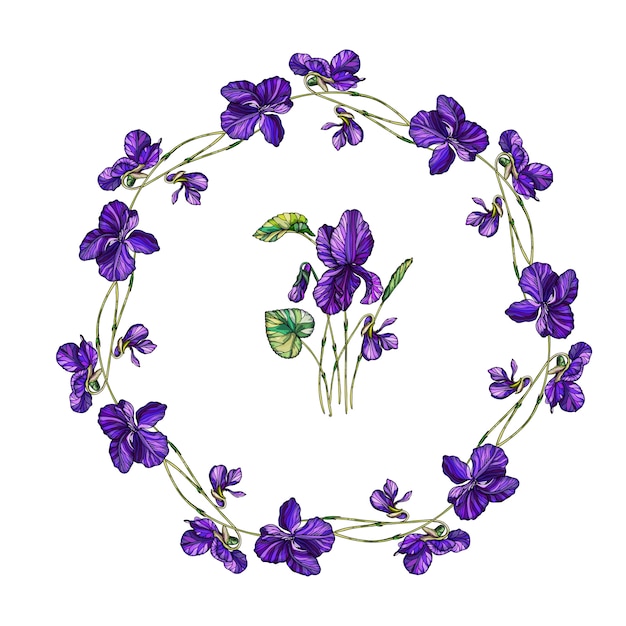 Vector floral guirnalda de flores violetas.