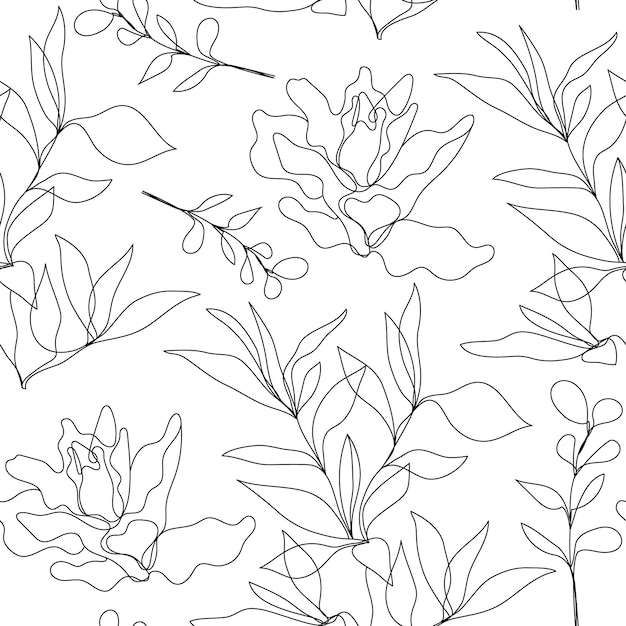 Vector floral lineal sin costuras de fondo plantas y hojas Un patrón de línea continua estilo dibujado a mano Monoline doodle