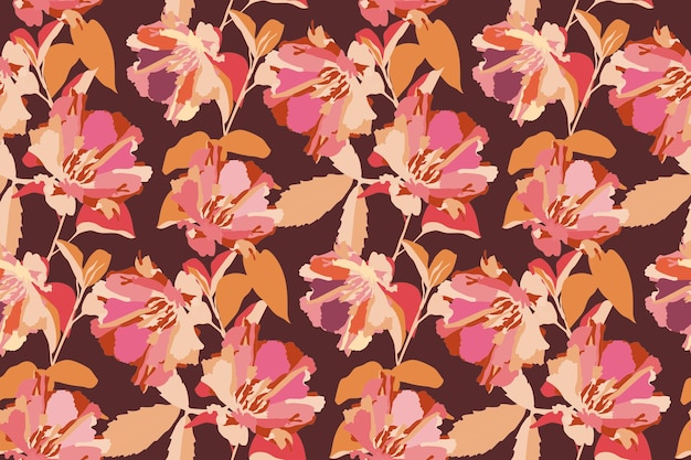 Vector vector floral de patrones sin fisuras flores rosadas hojas naranjas aisladas sobre un fondo de chocolate