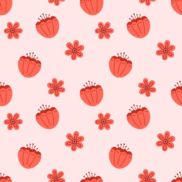 Vector floral de patrones sin fisuras Fondo con flores rojas Patrón botánico de primavera Flores rojas en diseño plano