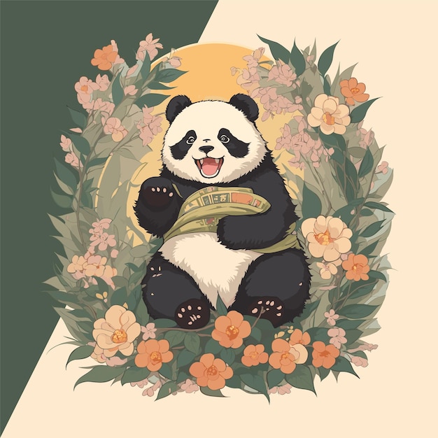 Vector floral vibrante de Panda para logotipos de pegatinas y plantillas de camisetas