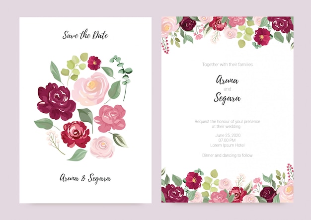 Vector de flores bastante acuarela para plantilla de tarjeta de invitación de boda