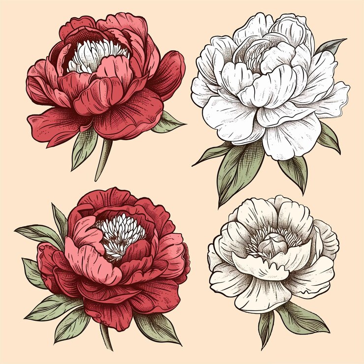 Vector de flores de peonías dibujado a mano