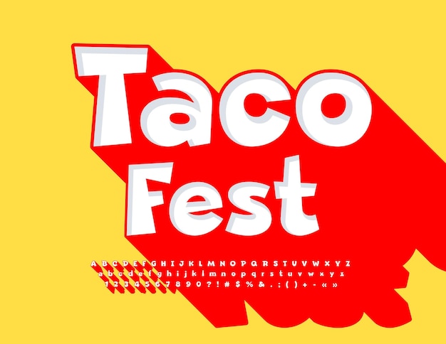 Vector folleto de evento taco fest brillante fuente única conjunto de letras del alfabeto números y símbolos