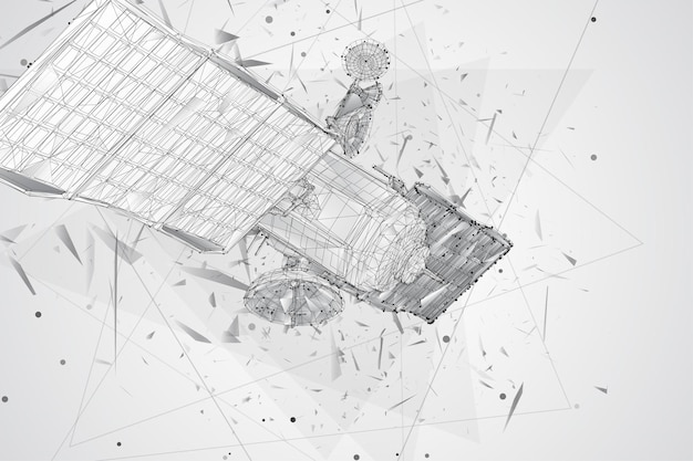 Vector de fondo 3d. satélite de comunicaciones de estilo triangular volumétrico. explosión de partículas caóticas abstractas