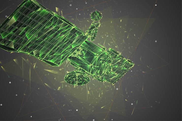 Vector vector de fondo 3d. satélite de comunicaciones de estilo triangular volumétrico. explosión de partículas caóticas abstractas