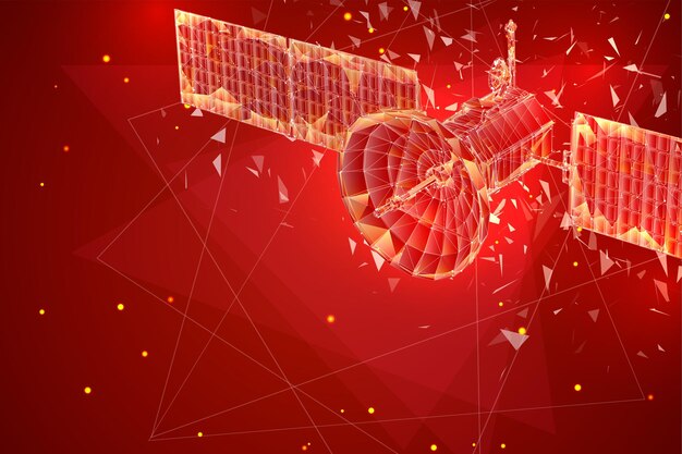 Vector de fondo 3d. satélite de comunicaciones de estilo triangular volumétrico. explosión de partículas caóticas abstractas