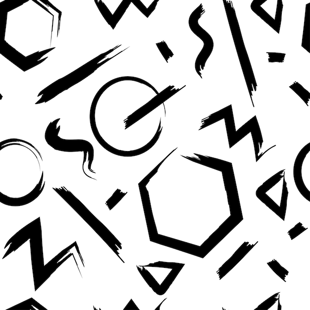 Vector de fondo abstracto en blanco y negro de patrones sin fisuras de trazos de pincel y formas geométricas