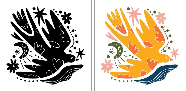 Vector de fondo de arte Matisse Diseño de patrones dibujados a mano naturales abstractos con hojas de flores de pájaros