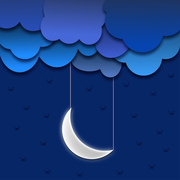 Vector Fondo Azul Nubes Y Colgando Media Luna Estrella Ilustración Stock