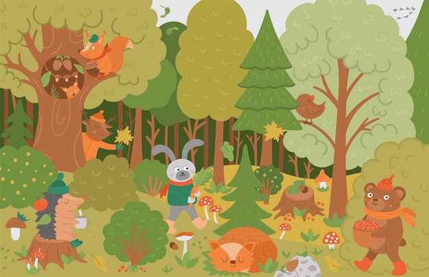 Vector fondo de bosque otoñal con lindos animales, hojas, árboles, setas. Escena de bosque divertida con oso, ardilla, zorro dormido y plantas. Ilustración de caída plana para niños.