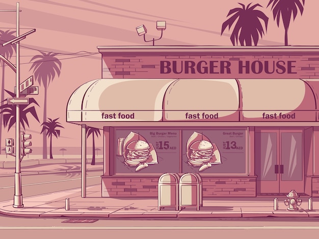 Vector fondo de color rosa burger house en miami, estados unidos. imagen de cafetería de comida rápida.