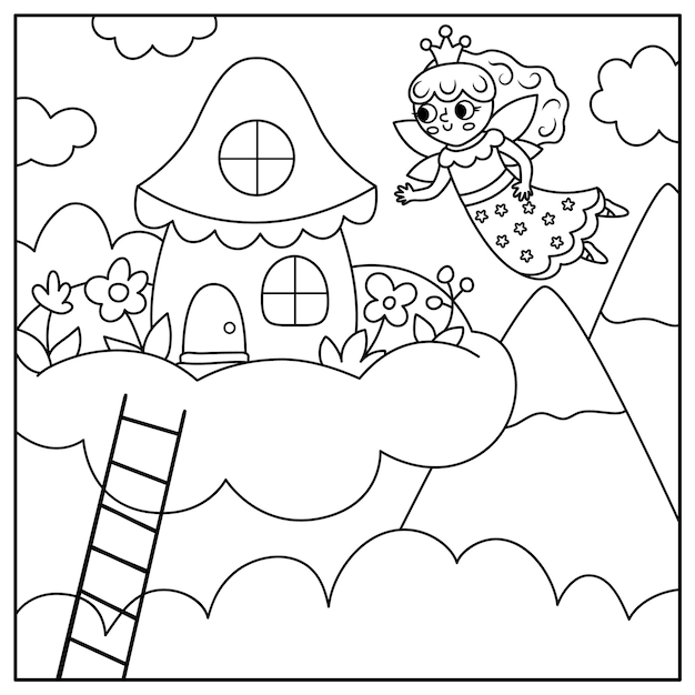 Vector fondo cuadrado en blanco y negro con una princesa de hadas volando a su casa en la nube escena de línea de mundo mágico o fantástico paisaje de cuento de hadas o página para colorear ilustración linda para niños xA