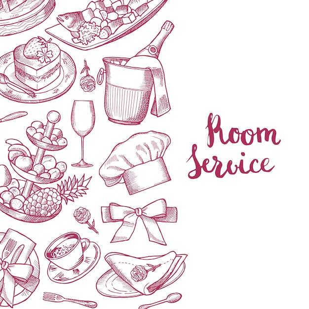 Vector el fondo dibujado mano de los elementos del restaurante o del servicio de habitación con el lugar para el ejemplo del texto