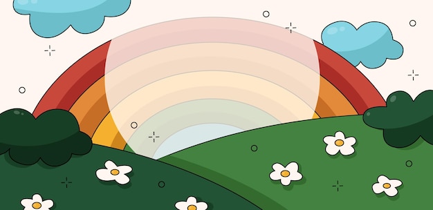 Vector fondo de dibujos animados coloridos con paisaje arco iris y flores