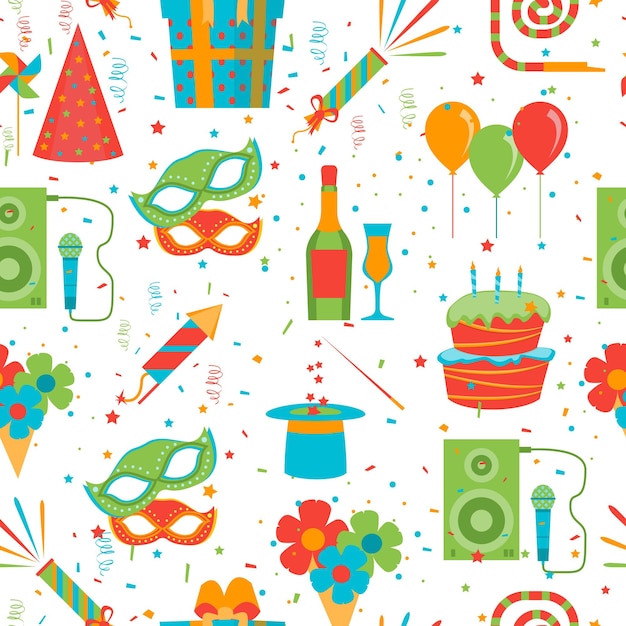 Vector de fondo de dibujos animados feliz cumpleaños fiesta de patrones sin fisuras