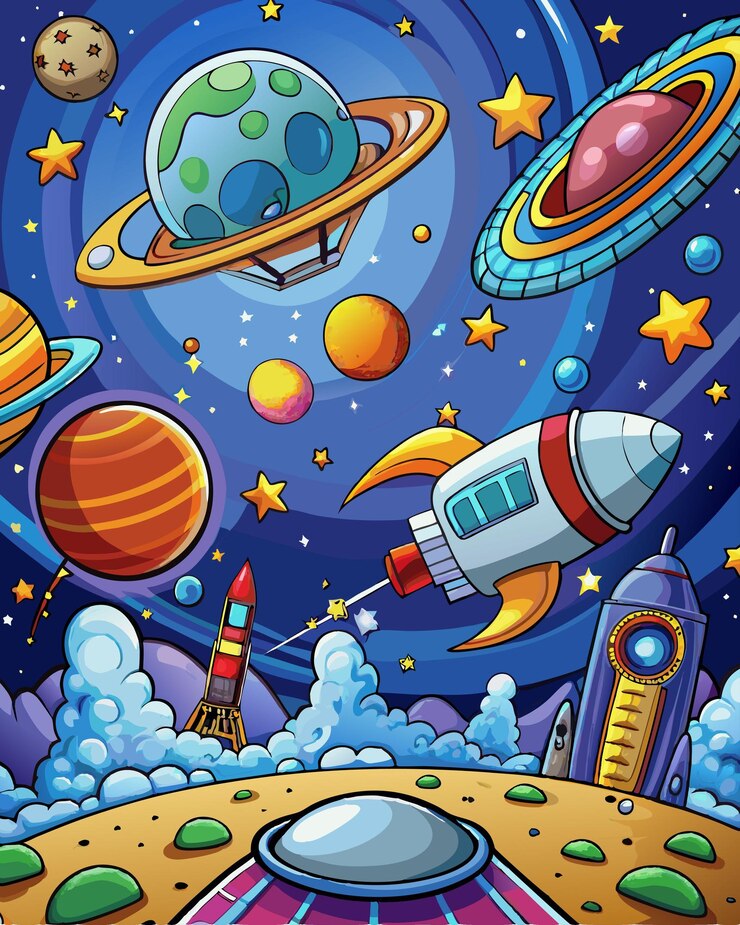 Vector de fondo espacial arte de dibujos animados de la galaxia del planeta espacial
