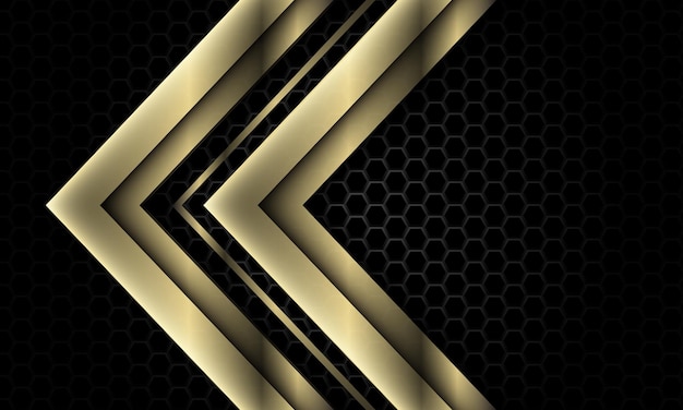 Vector de fondo futurista de lujo de hexágono metálico oscuro superposición geométrica de dirección de flecha dorada