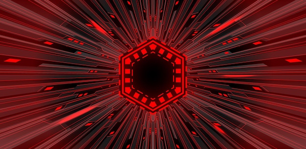 Vector de fondo de hexágono oscuro de zoom futurista de tecnología cibernética de circuito de luz roja negra abstracta