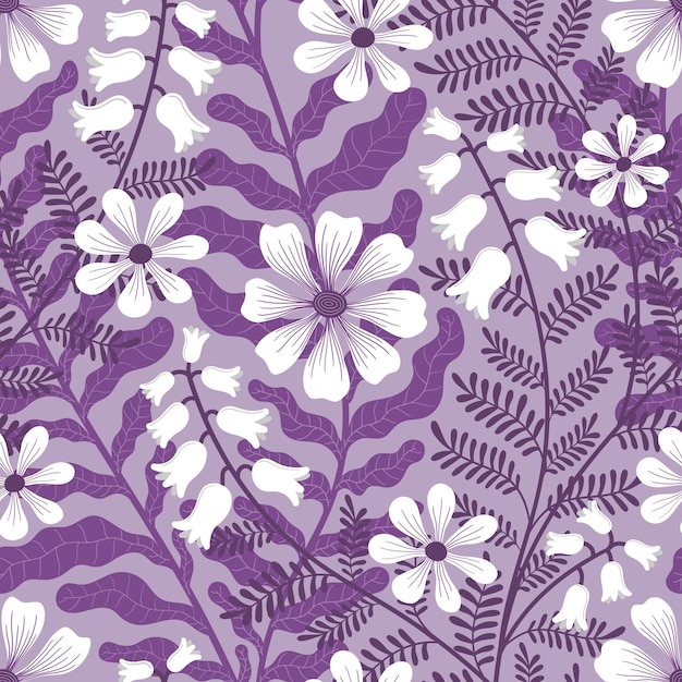 VECTOR DE FONDO LILA INCONSÚTIL CON FLORES DE TEJIDO BLANCO