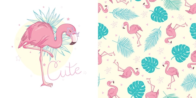 Vector fondo de pantalla conjunto de patrones sin fisuras con imágenes de flamencos