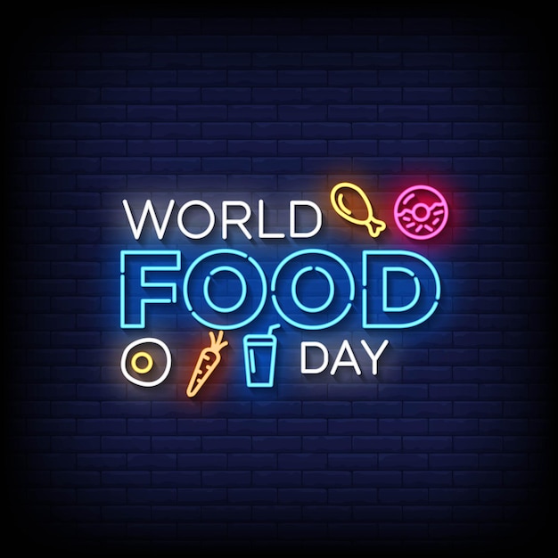 Vector de fondo de pared de ladrillo del día mundial de la comida de neón