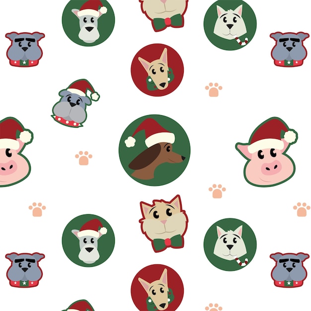 Vector de fondo de patrón con diferentes mascotas y ropa de invierno