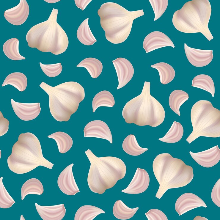 Vector vector de fondo de patrones sin fisuras de ajo y clavo entero 3d detallado realista
