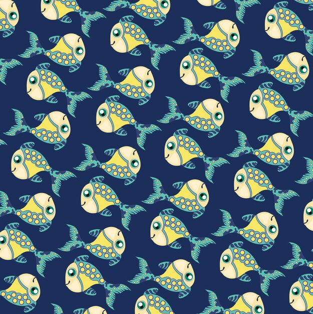 Vector de fondo de pescado patrón sin costuras de pescado sobre fondo oscuro